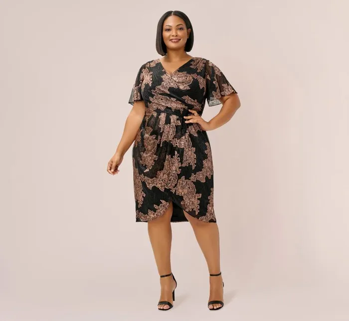 Short Dresses Womens Adrianna Papell Plus Size Metallic Foil Crinkled Mesh MidiLength Wrap Dress In Rose Gold Black