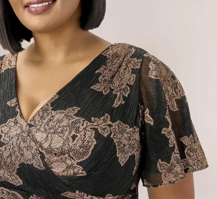 Short Dresses Womens Adrianna Papell Plus Size Metallic Foil Crinkled Mesh MidiLength Wrap Dress In Rose Gold Black