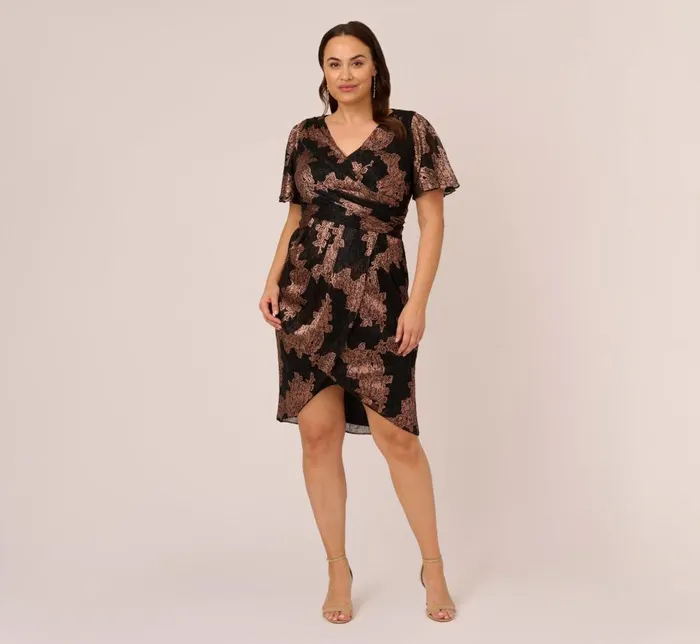 Short Dresses Womens Adrianna Papell Plus Size Metallic Foil Crinkled Mesh MidiLength Wrap Dress In Rose Gold Black