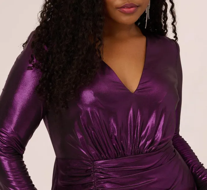 Short Dresses Womens Adrianna Papell Plus Size Metallic Knit Long Sleeve Asymmetrical Dress With Ruched Details In Wild Orchid