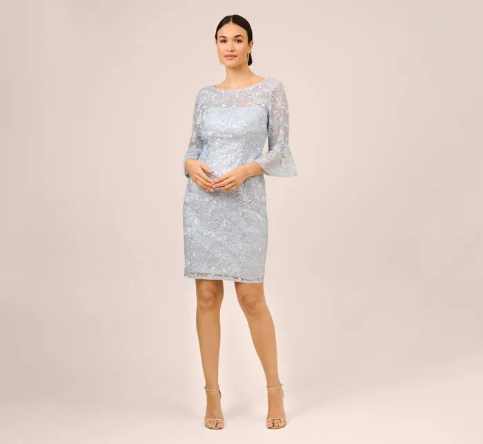 Short Dresses Womens Adrianna Papell Sequined And Guipure Lace Illusion Short Sheath Cocktail Dress In Skyway