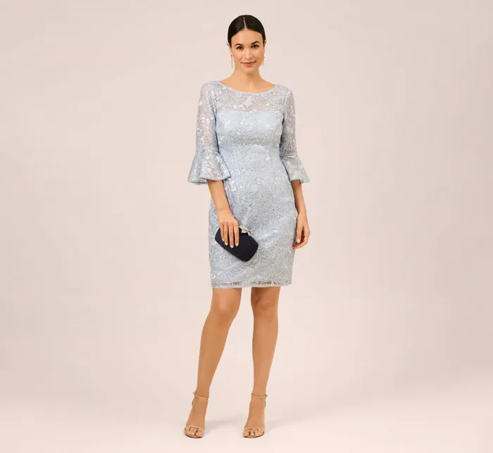 Short Dresses Womens Adrianna Papell Sequined And Guipure Lace Illusion Short Sheath Cocktail Dress In Skyway