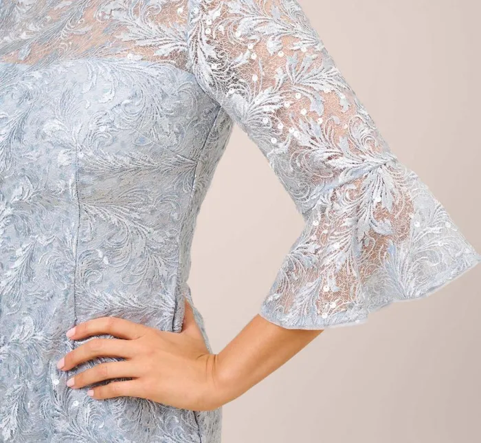 Short Dresses Womens Adrianna Papell Sequined And Guipure Lace Illusion Short Sheath Cocktail Dress In Skyway