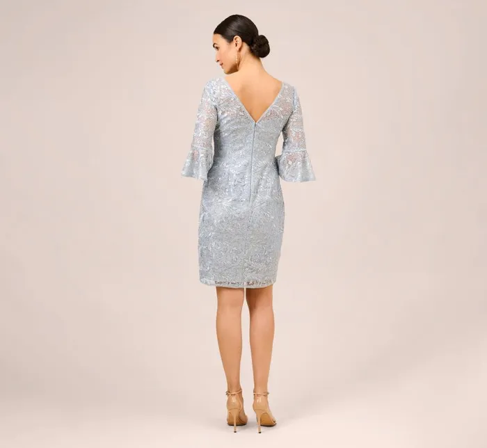 Short Dresses Womens Adrianna Papell Sequined And Guipure Lace Illusion Short Sheath Cocktail Dress In Skyway