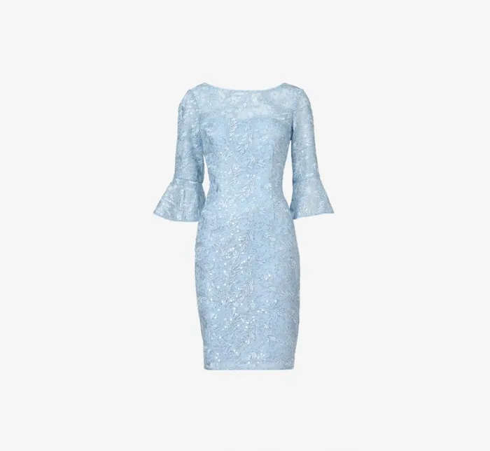 Short Dresses Womens Adrianna Papell Sequined And Guipure Lace Illusion Short Sheath Cocktail Dress In Skyway