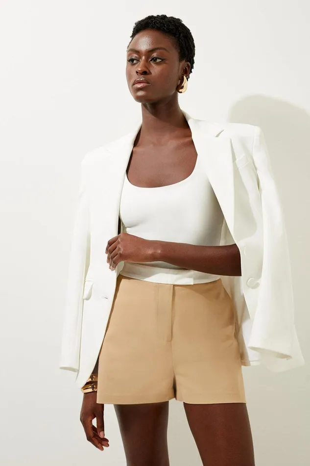 Shorts Women Karen Millen Techno Cotton Contrast Waistband Shorts Camel