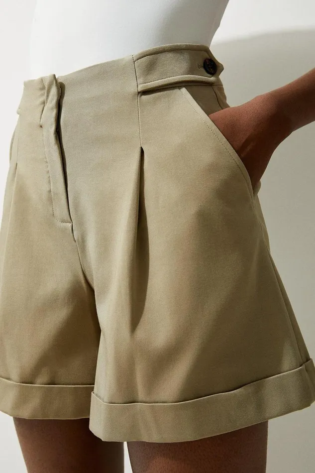 Shorts Women Karen Millen Viscose Stretch Cotton Waist Tab Detail Tailored Shorts Khaki