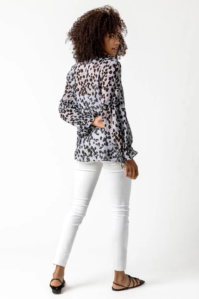 Silver Animal Print Tie Neck Blouse Women Roman Tops