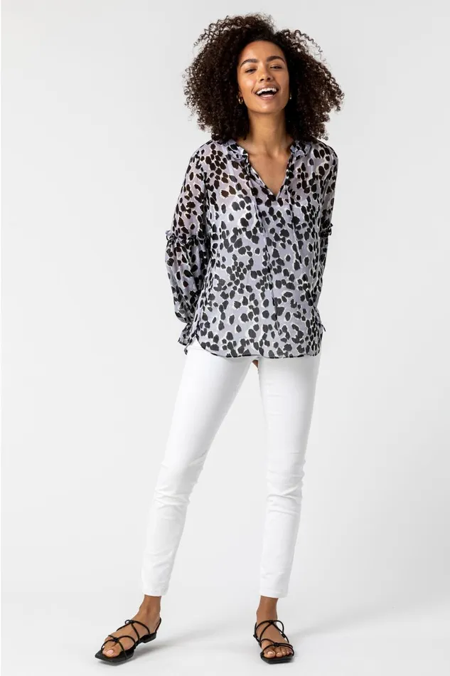 Silver Animal Print Tie Neck Blouse Women Roman Tops