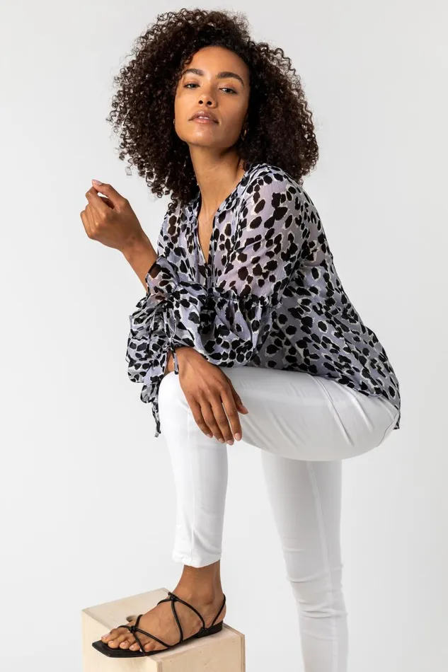 Silver Animal Print Tie Neck Blouse Women Roman Tops