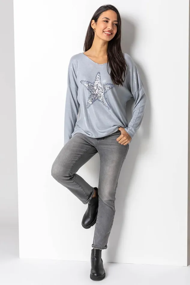 Silver Sequin Star Embellished Sweat Top Women Roman Tops