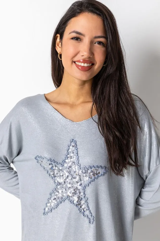 Silver Sequin Star Embellished Sweat Top Women Roman Tops