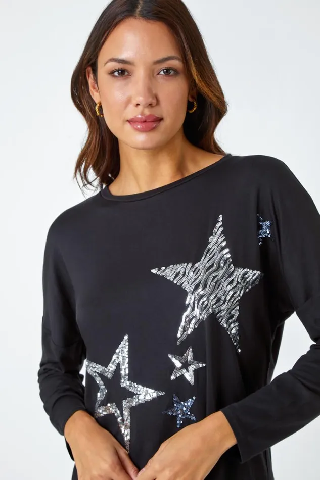 Silver Sequin Star Print Tunic Stretch Top Women Roman Tops
