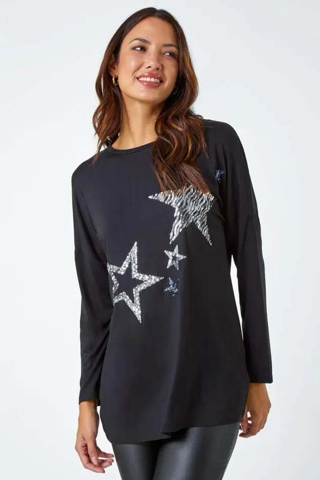 Silver Sequin Star Print Tunic Stretch Top Women Roman Tops