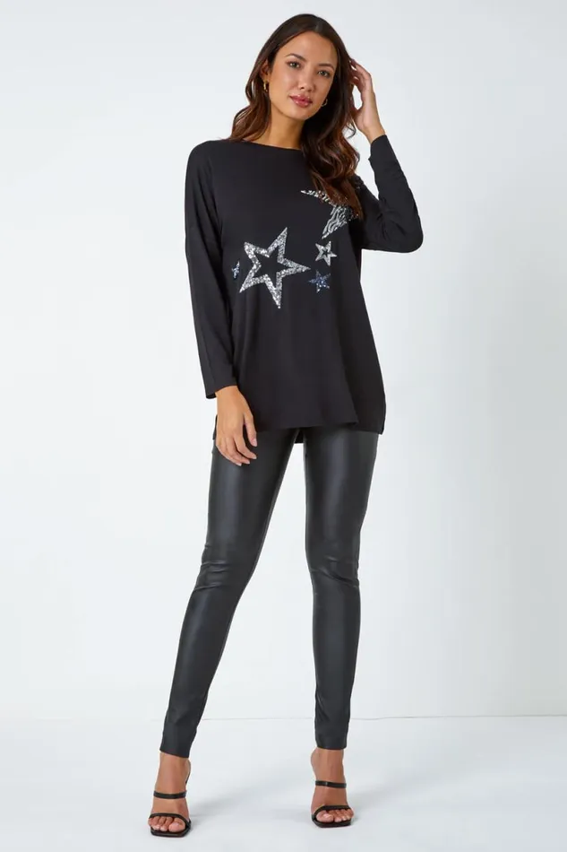 Silver Sequin Star Print Tunic Stretch Top Women Roman Tops