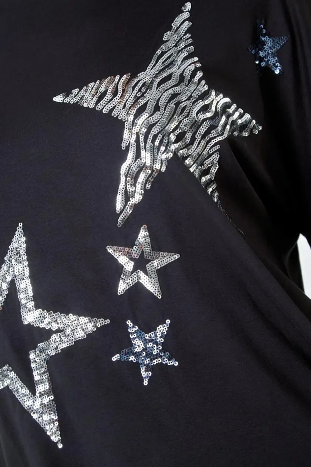 Silver Sequin Star Print Tunic Stretch Top Women Roman Tops