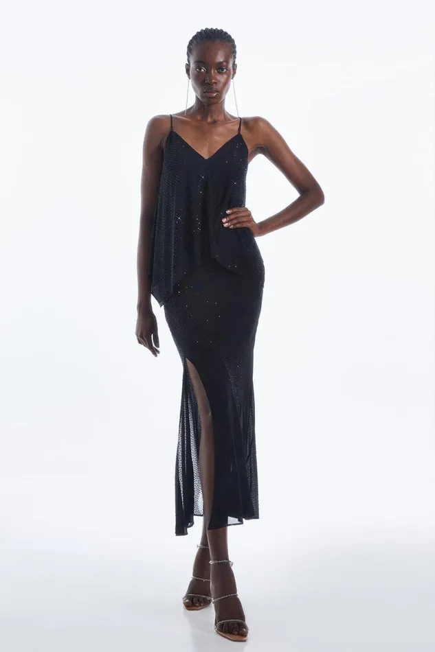 Skirts Women Karen Millen Panelled Embellished Georgette Midi Skirt Black