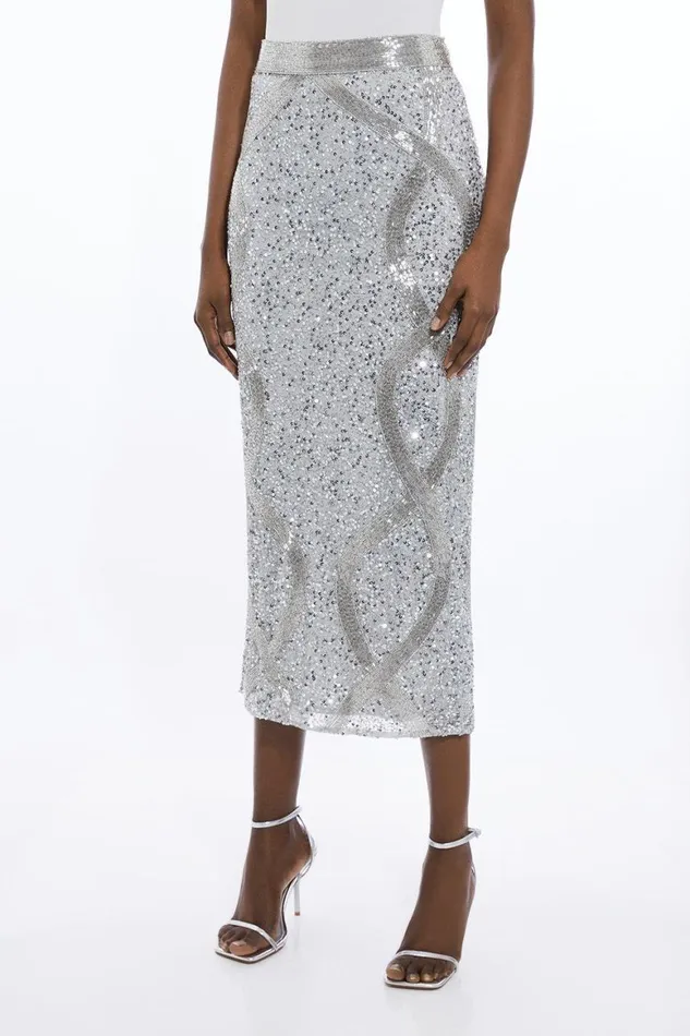 Skirts Women Karen Millen Petite Beaded And Embellished Woven Pencil Skirt Silver