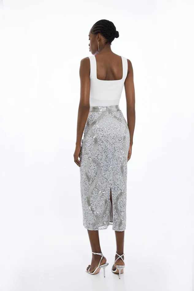 Skirts Women Karen Millen Petite Beaded And Embellished Woven Pencil Skirt Silver