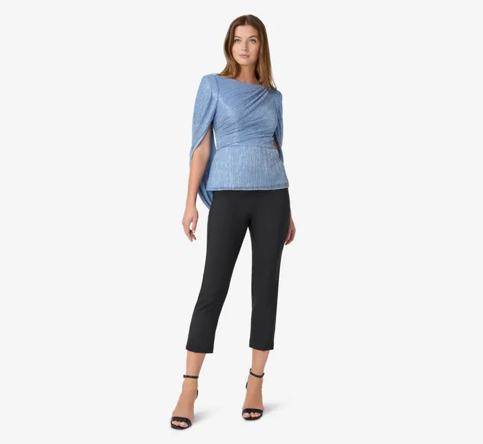 Sleeves Womens Adrianna Papell Metallic Knit Top With Cowl Back In Dusty Blue