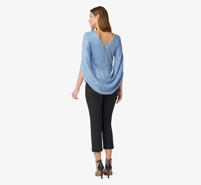 Sleeves Womens Adrianna Papell Metallic Knit Top With Cowl Back In Dusty Blue