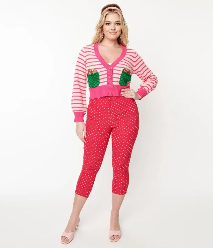 Smak Parlour Hot Pink Pin Dot Daisy Pocket Smarty Pants Capri Clothing Unique Vintage Pants