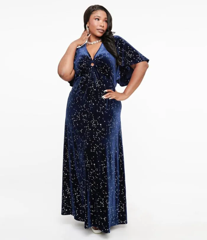 Smak Parlour Plus Size 1970s Blue Velvet Silver Stars Cutout Maxi Dress DressesPlus Unique Vintage Midi and Maxi Smak Parlour Plus Size 1970s Blue Velvet Silver Stars Cutout Maxi Dress DressesPlus Unique Vintage Midi and Maxi