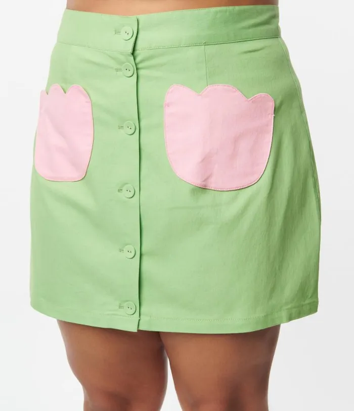 Smak Parlour Plus Size Green and Pink Tulip Match Game Skirt Clothing Unique Vintage Skirts