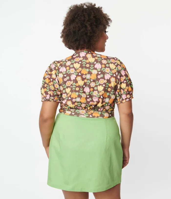 Smak Parlour Plus Size Green and Pink Tulip Match Game Skirt Clothing Unique Vintage Skirts
