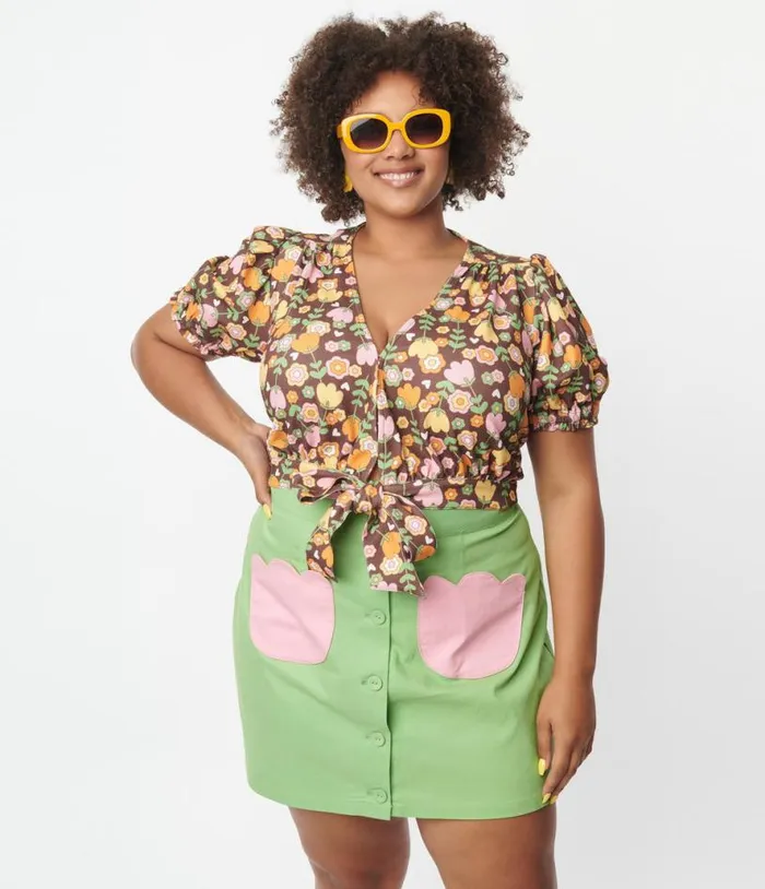 Smak Parlour Plus Size Green and Pink Tulip Match Game Skirt Clothing Unique Vintage Skirts