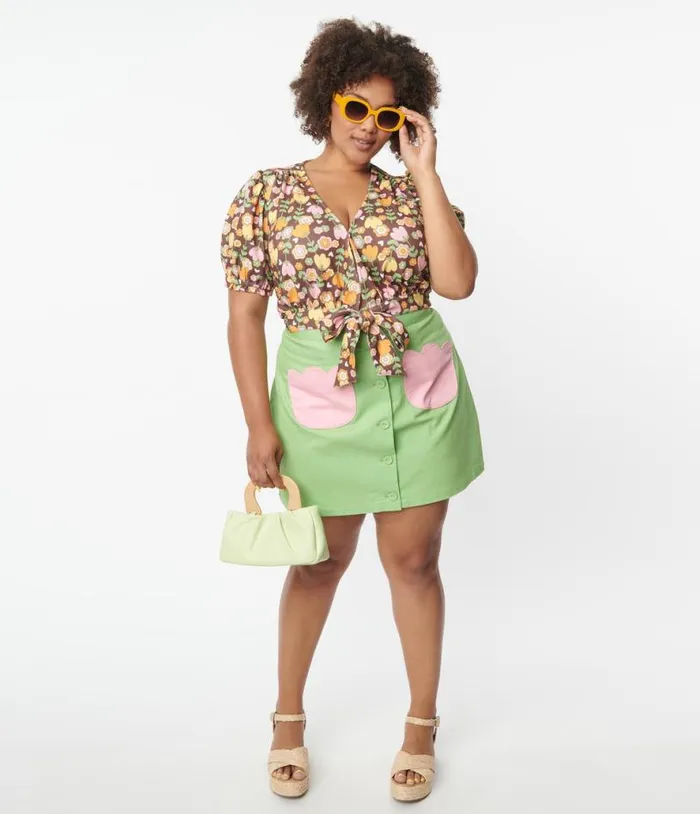 Smak Parlour Plus Size Green and Pink Tulip Match Game Skirt Clothing Unique Vintage Skirts
