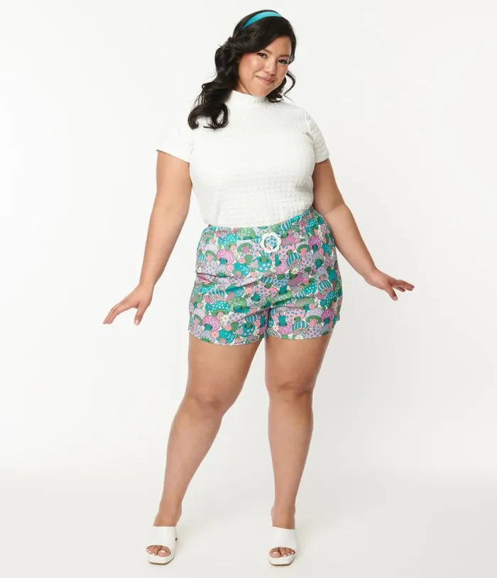 Smak Parlour Plus Size Teal Groovy Mushrooms Shorts ClothingPlus Unique Vintage Shorts