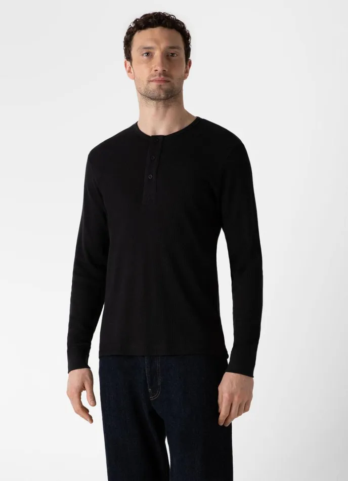 SUNSPEL Tshirts Long Sleeve Waffle Henley Black 8211 Men