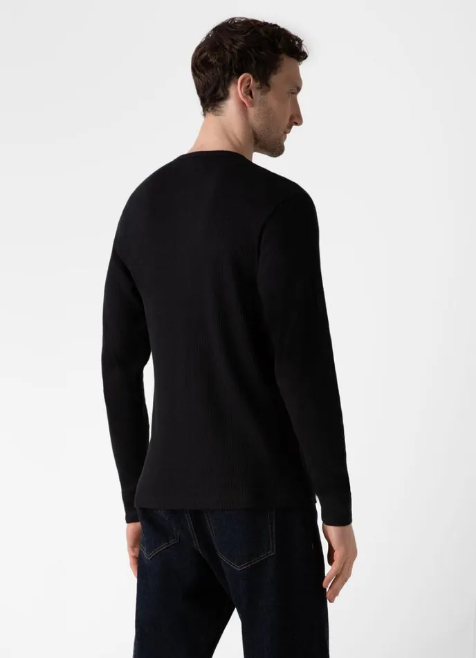 SUNSPEL Tshirts Long Sleeve Waffle Henley Black 8211 Men
