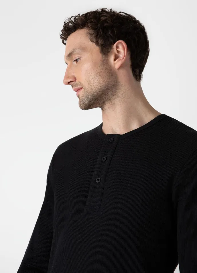 SUNSPEL Tshirts Long Sleeve Waffle Henley Black 8211 Men