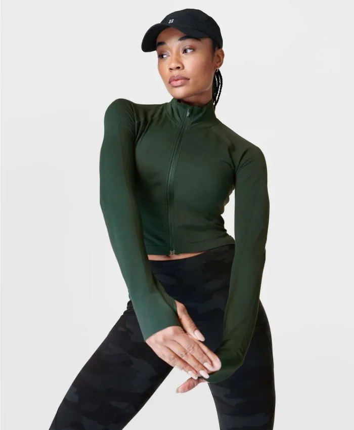 Sweaty Betty Athlete Crop Seamless Workout Zip Up Trek Green Clothing Sweatshirts Hoodies