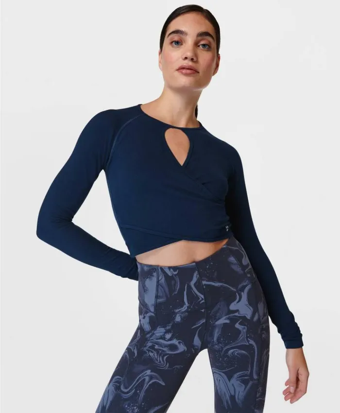 Sweaty Betty Mindful Seamless Wrap Long Sleeve Top Navy Blue Clothing Long Sleeve Tops
