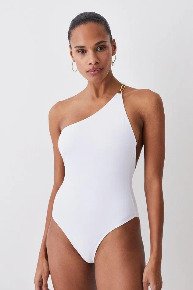 Swimwear Women Karen Millen One Shoulder Chain Strap Cut Out Swimsuit White