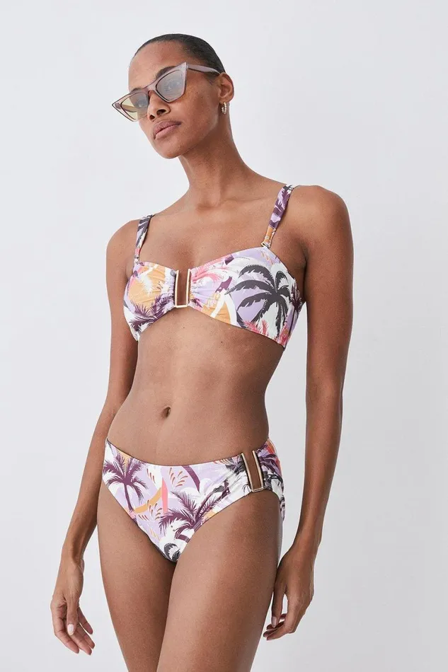 Swimwear Women Karen Millen Palm Print Gold Trim Bikini Bottoms Multi
