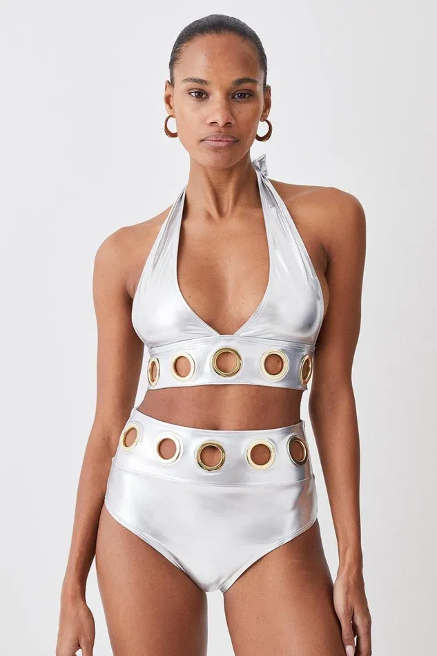 Swimwear Women Karen Millen Silver Lame Eyelet Detail Halter Neck Bikini Top Silver