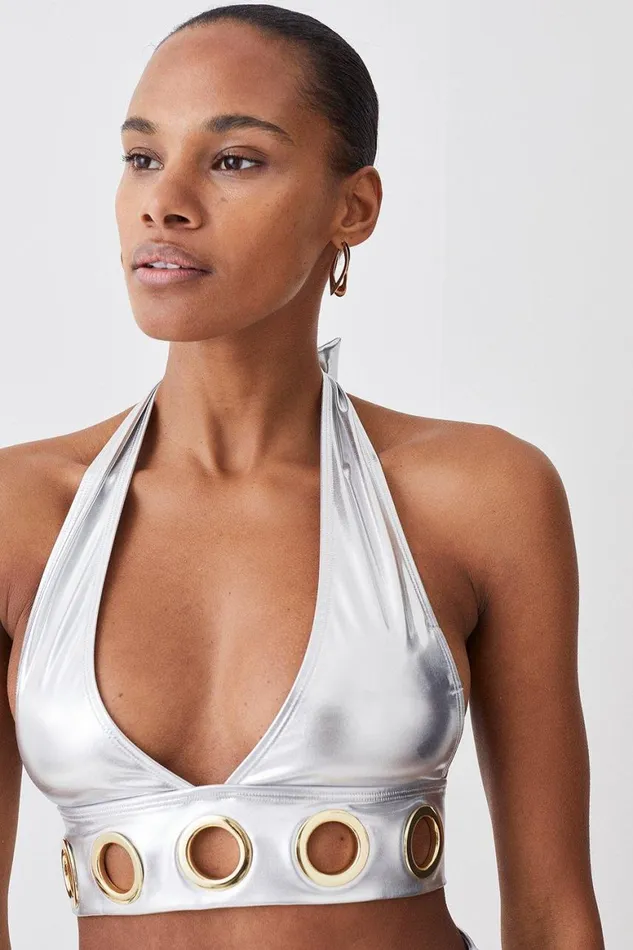 Swimwear Women Karen Millen Silver Lame Eyelet Detail Halter Neck Bikini Top Silver