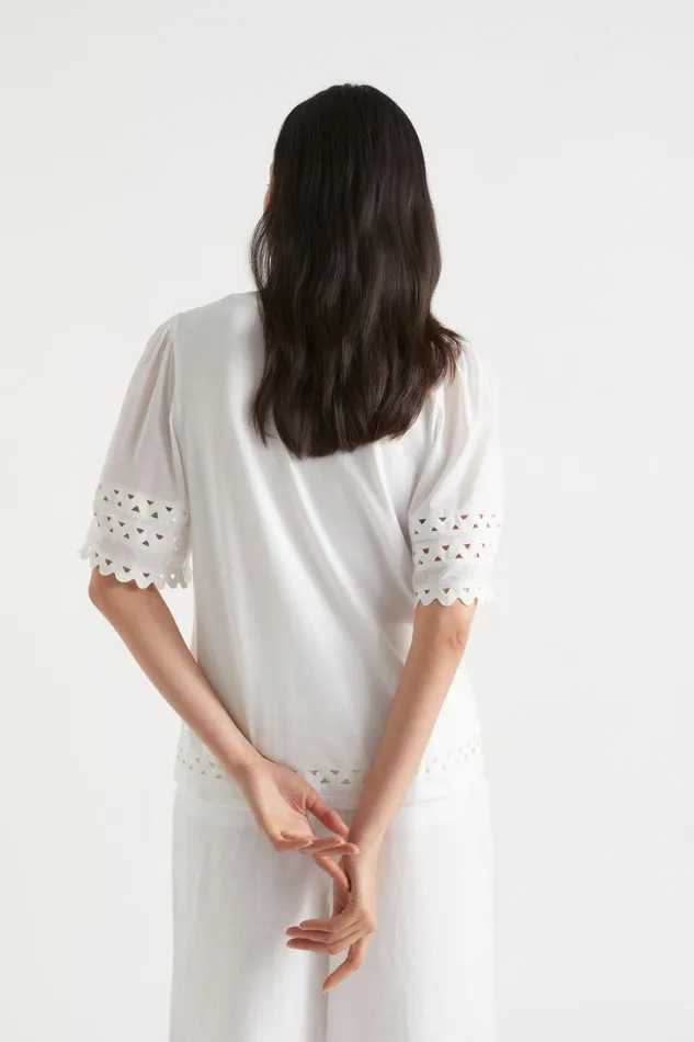 TShirts and Tops Woman Seed Heritage Voile Sleeve Rik Rak Tee Whisper White