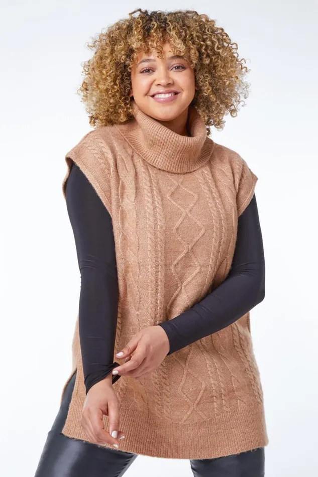 Tan Curve Roll Neck Cable Knit Tabard Women Roman Knitwear