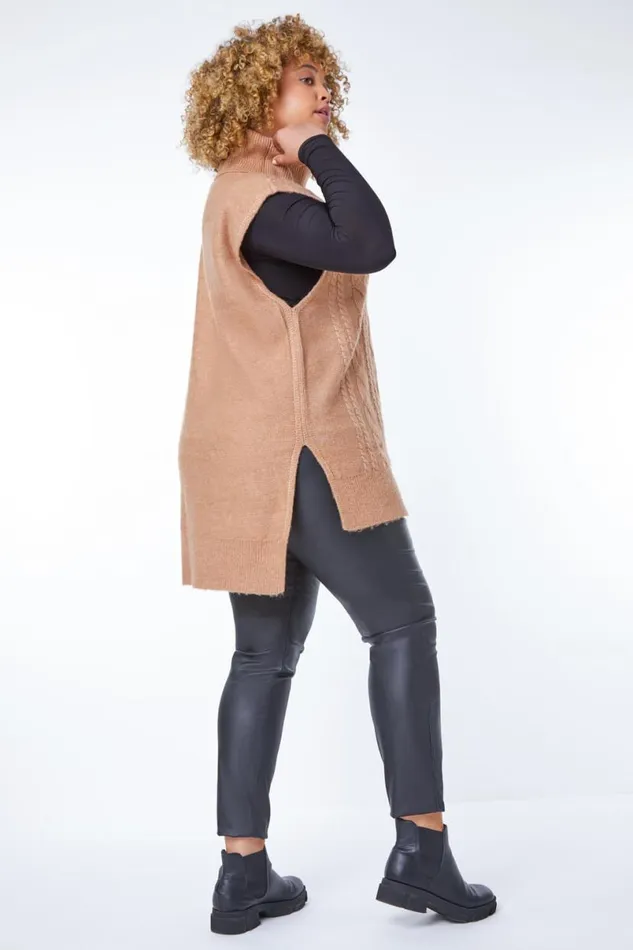 Tan Curve Roll Neck Cable Knit Tabard Women Roman Knitwear