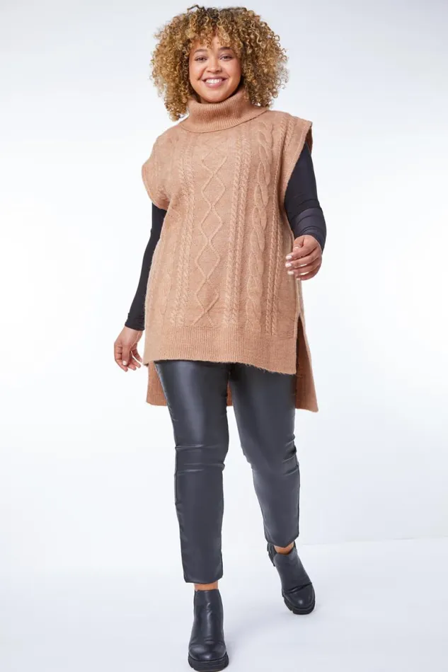 Tan Curve Roll Neck Cable Knit Tabard Women Roman Knitwear