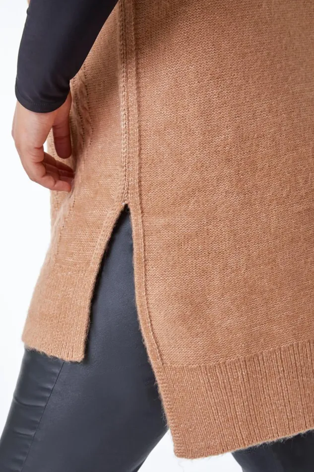 Tan Curve Roll Neck Cable Knit Tabard Women Roman Knitwear