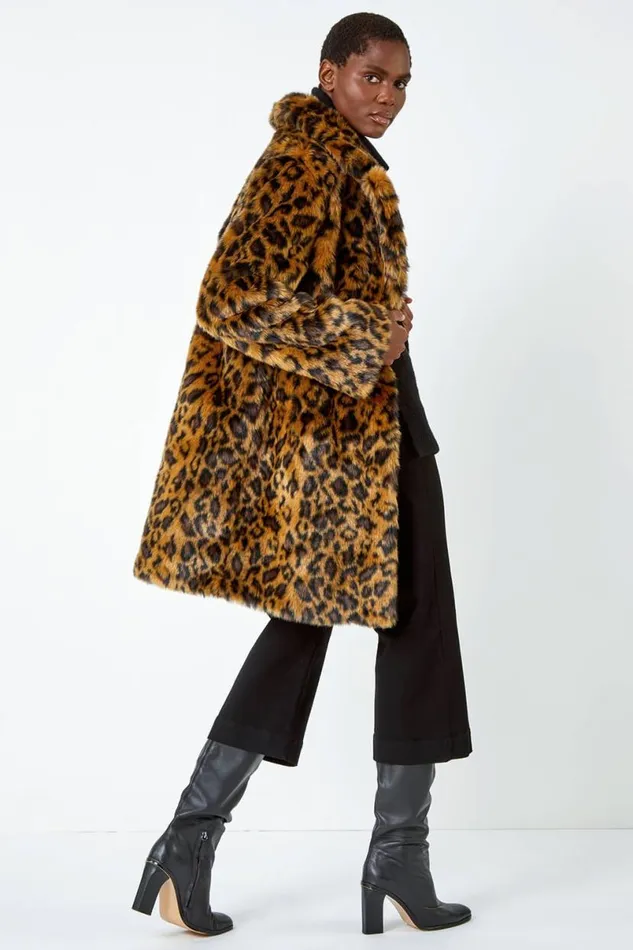 Tan Premium Animal Print Faux Fur Coat Women Roman Coats