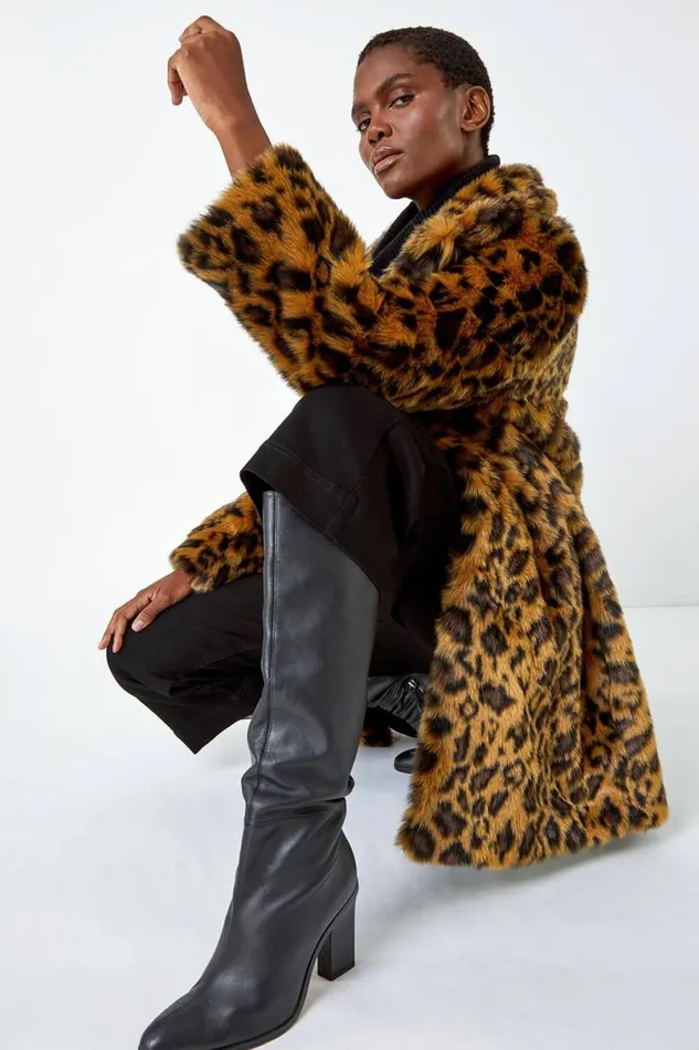 Tan Premium Animal Print Faux Fur Coat Women Roman Coats