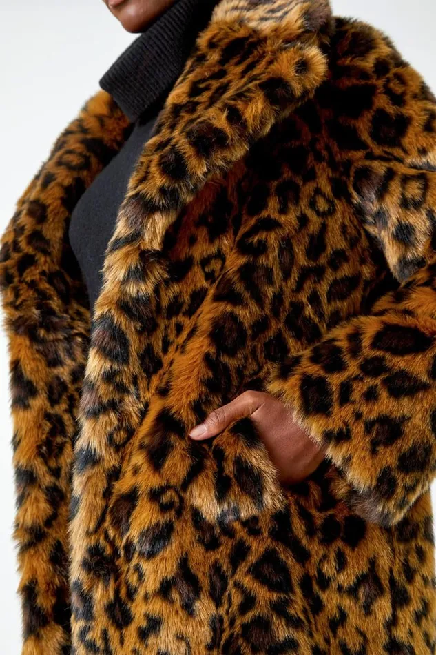 Tan Premium Animal Print Faux Fur Coat Women Roman Coats