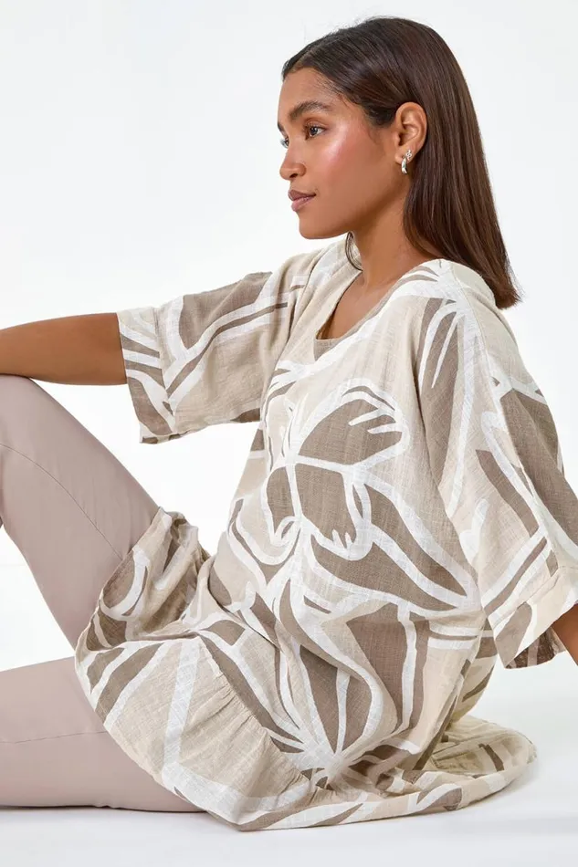 Taupe Cotton Oversized Leaf Tunic Top Women Roman Tops